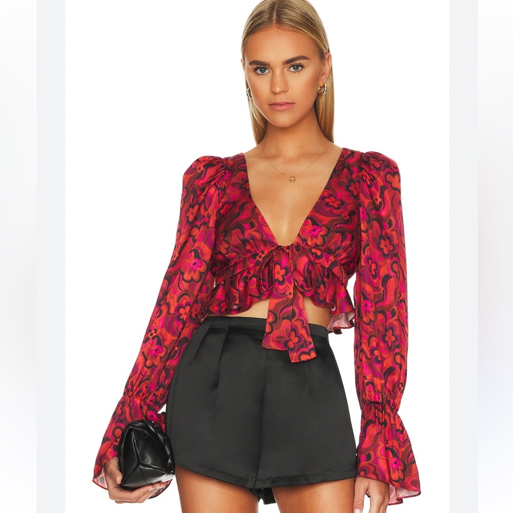 For Love and Lemons Davina Tie Front Blouse Red Size XS NWT